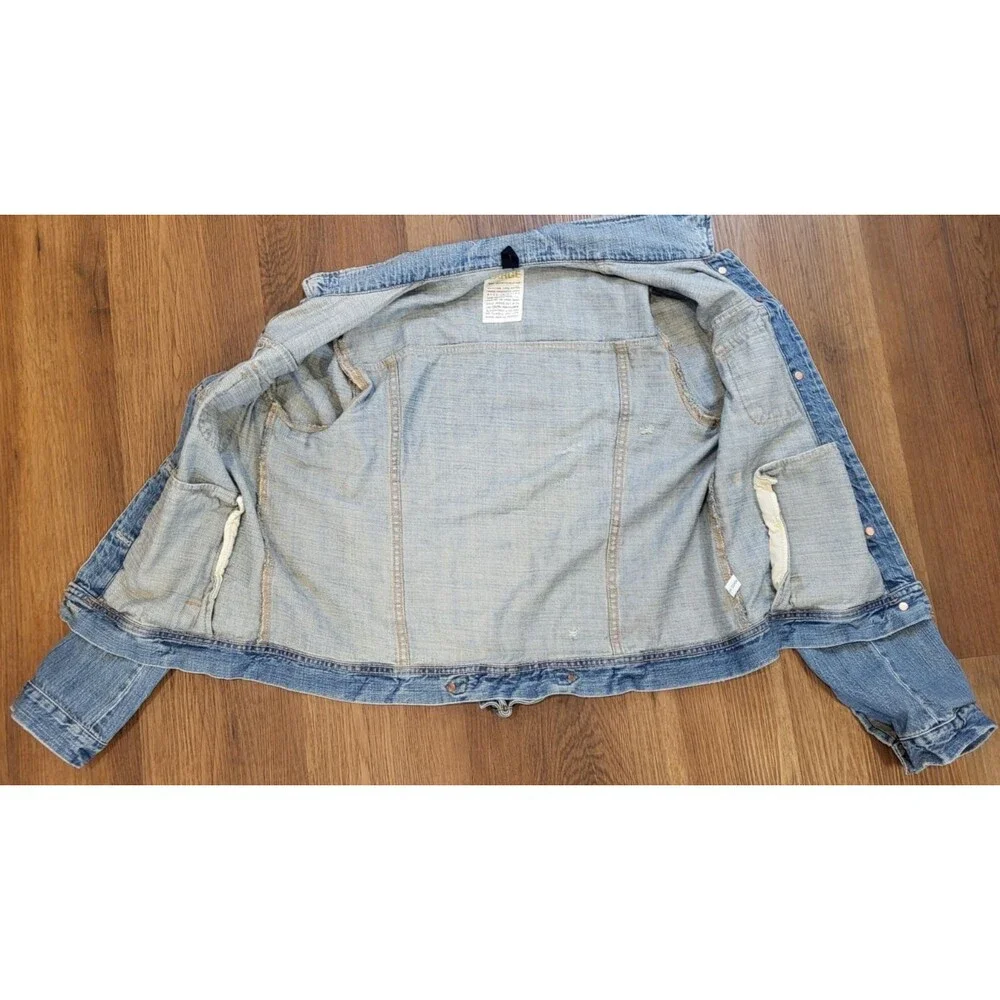 J Crew Women’s Large Distressed Denim Utility Jacket Destroyed Blue Fade